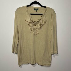 Lauren Ralph Lauren women’s Tan lace up ruffle equastrian 3/4 sleeve top in 2X